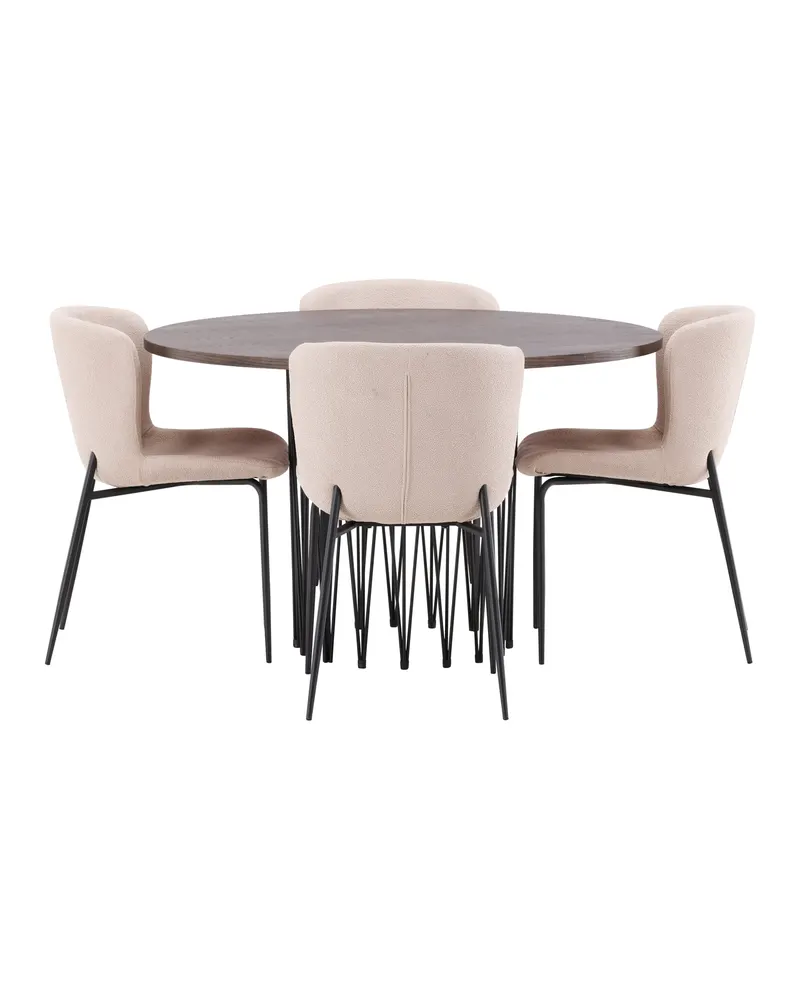 Stone & Modesto Essgruppe mit rundem Esstisch und 4 Bouclé-Stühlen in Beige, Gestell Schwarz, Ansicht 2