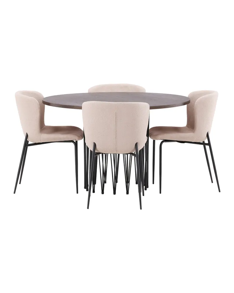 Stone & Modesto Essgruppe mit rundem Esstisch und 4 Bouclé-Stühlen in Beige, Gestell Schwarz, Ansicht 3