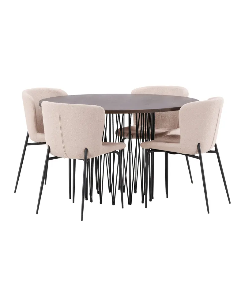 Stone & Modesto Essgruppe mit rundem Esstisch und 4 Bouclé-Stühlen in Beige, Gestell Schwarz, Ansicht 4