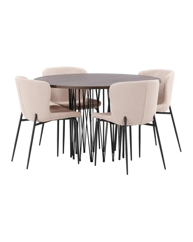 Stone & Modesto Essgruppe mit rundem Esstisch und 4 Bouclé-Stühlen in Beige, Gestell Schwarz, Ansicht 5