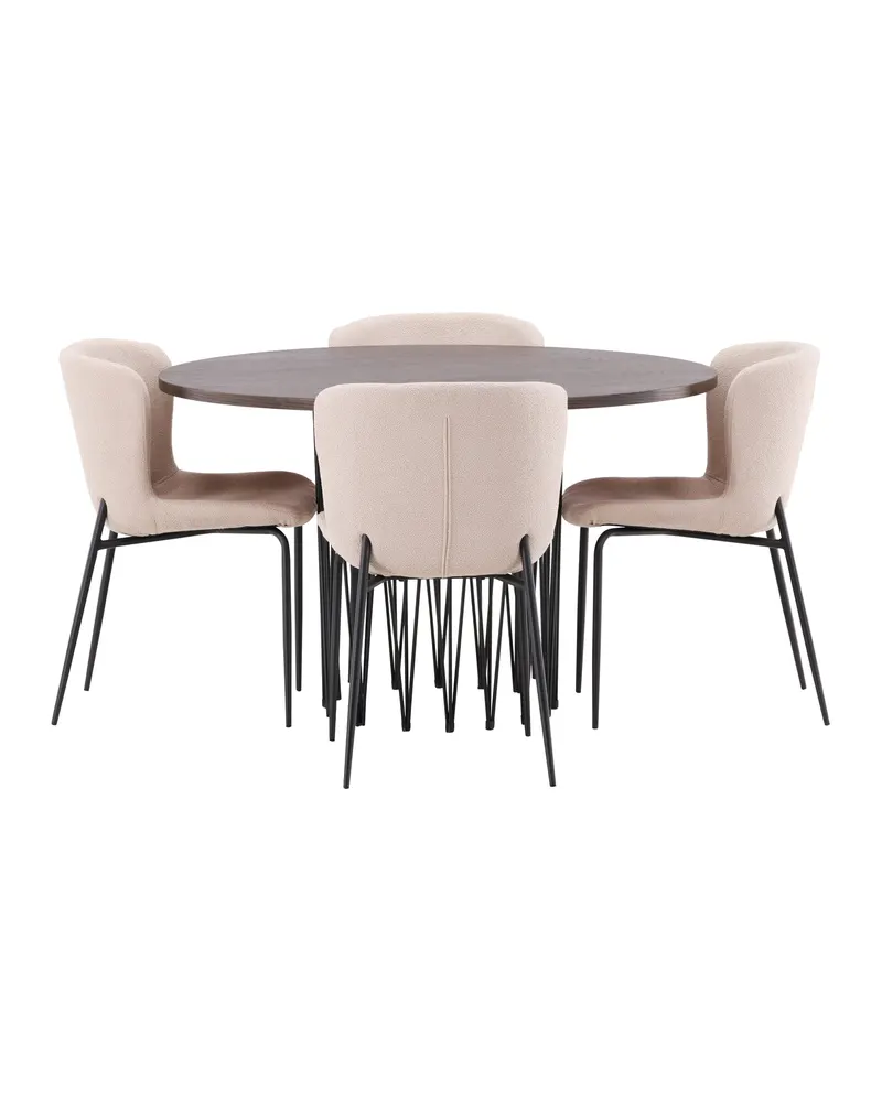Stone & Modesto Essgruppe mit rundem Esstisch und 4 Bouclé-Stühlen in Beige, Gestell Schwarz, Ansicht 6