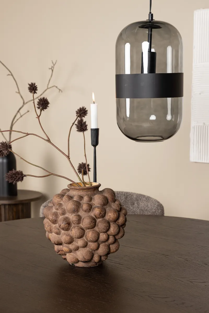 Stone & Modesto Essgruppe mit rundem Esstisch und 4 Bouclé-Stühlen in Braun, Gestell Schwarz, im Wohnraum, Ansicht 3