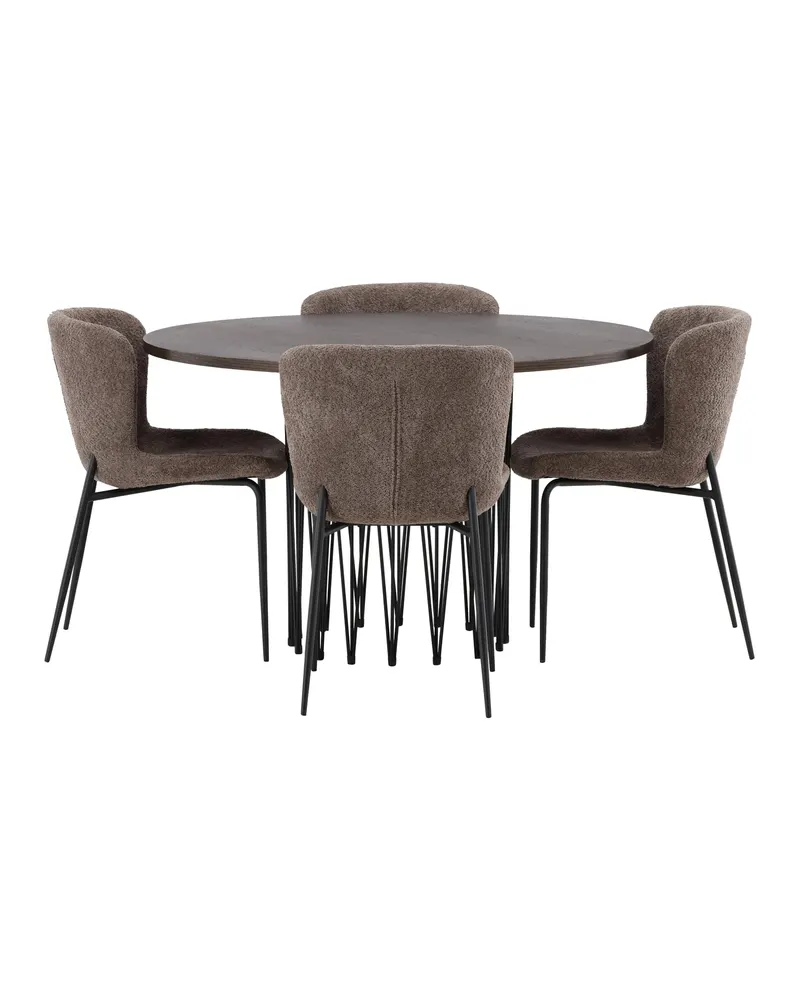 Stone & Modesto Essgruppe mit rundem Esstisch und 4 Bouclé-Stühlen in Braun, Gestell Schwarz, Ansicht 3