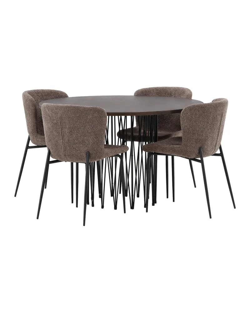Stone & Modesto Essgruppe mit rundem Esstisch und 4 Bouclé-Stühlen in Braun, Gestell Schwarz, Ansicht 4