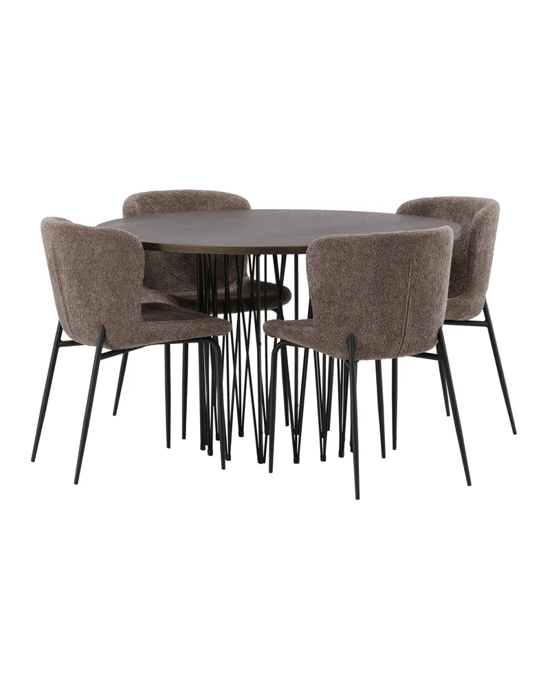 Stone & Modesto Essgruppe mit rundem Esstisch und 4 Bouclé-Stühlen in Braun, Gestell Schwarz, Ansicht 5