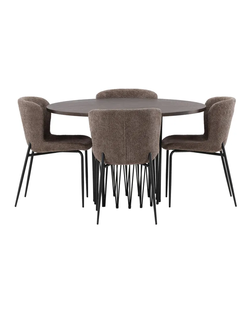 Stone & Modesto Essgruppe mit rundem Esstisch und 4 Bouclé-Stühlen in Braun, Gestell Schwarz, Ansicht 6