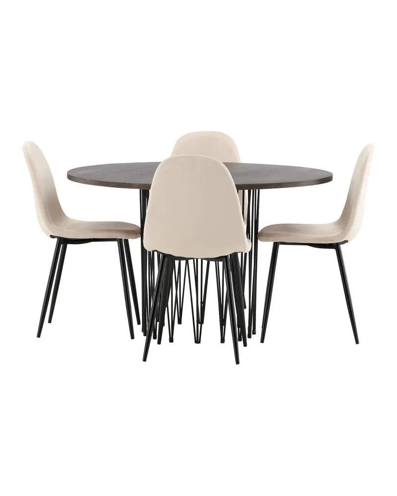 Stone & Polar Essgruppe mit rundem Esstisch und 4 Samtstühlen in Beige, Gestell Schwarz, Ansicht 9