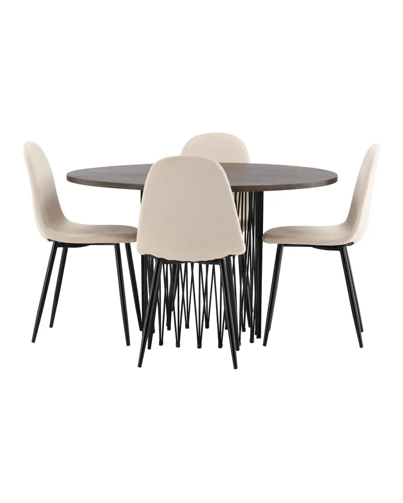 Stone & Polar Essgruppe mit rundem Esstisch und 4 Samtstühlen in Beige, Gestell Schwarz, Ansicht 2