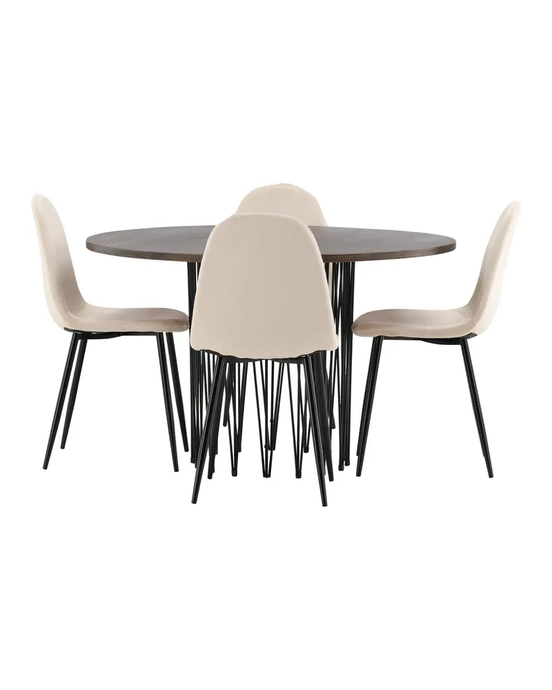 Stone & Polar Essgruppe mit rundem Esstisch und 4 Samtstühlen in Beige, Gestell Schwarz, Ansicht 3