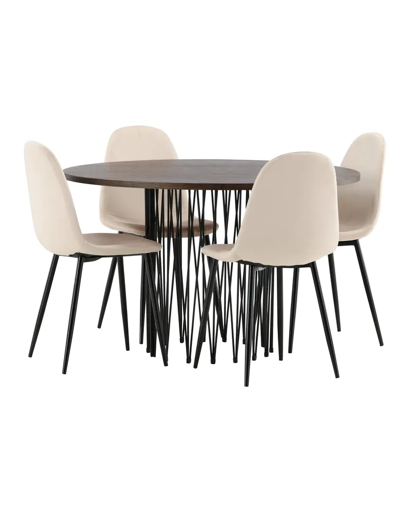 Stone & Polar Essgruppe mit rundem Esstisch und 4 Samtstühlen in Beige, Gestell Schwarz, Ansicht 5