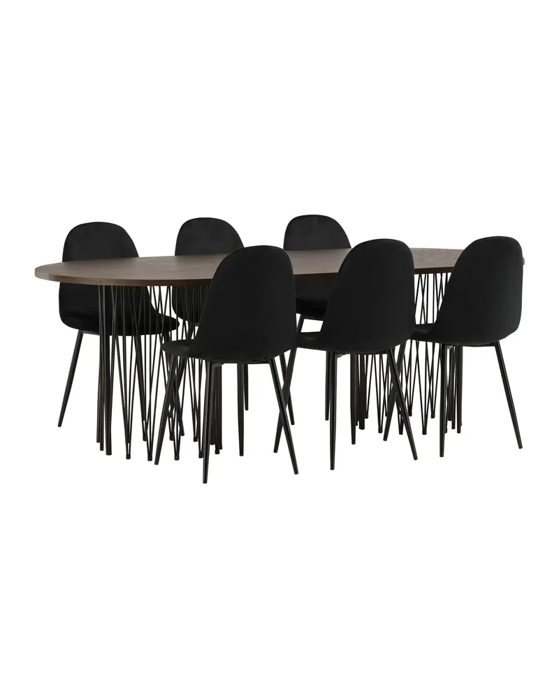 Stone & Polar: ovaler Esstisch mit Stühlen in Samt, 220 cm, Schwarz, Mokka