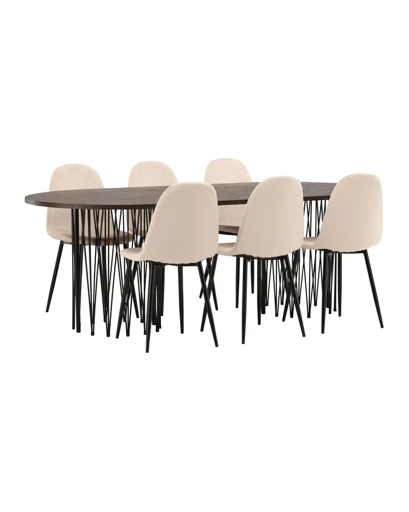 Stone & Polar Essgruppe mit ovalem Esstisch und 6 Samtstühlen in Beige, Gestell Schwarz, Ansicht 1