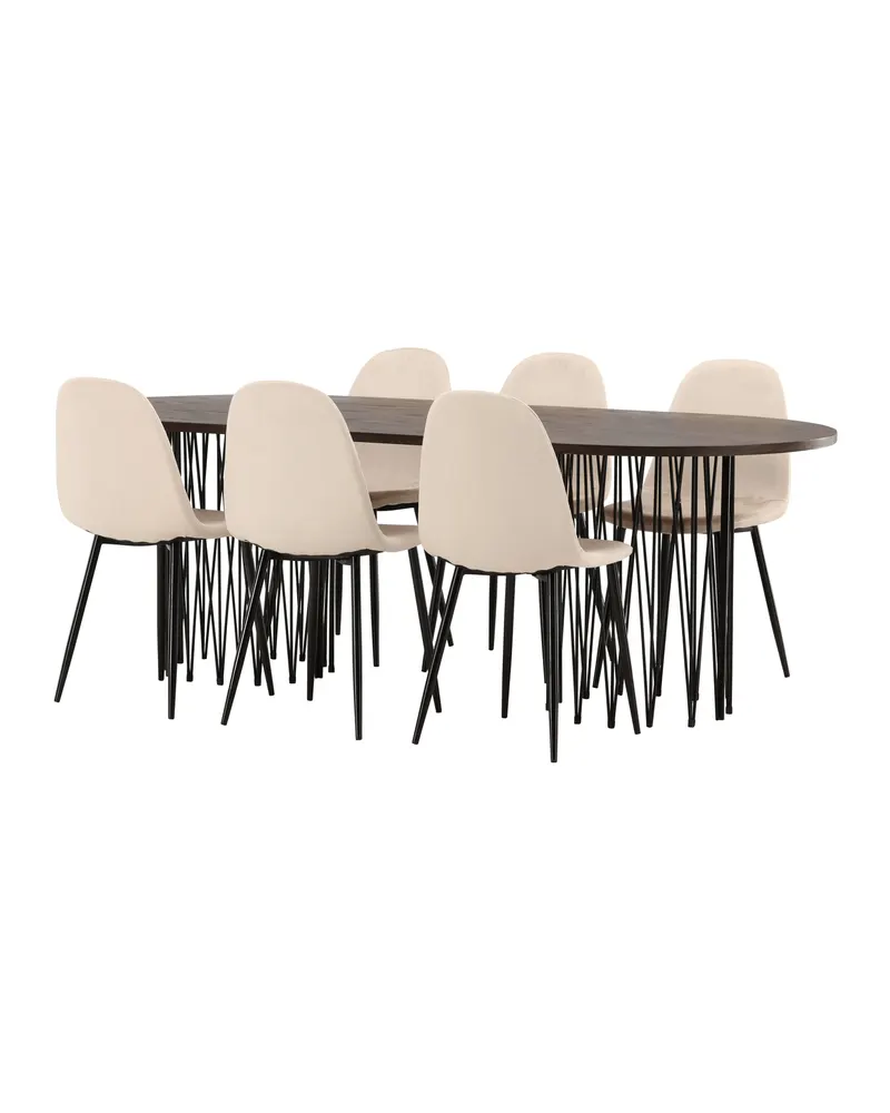Stone & Polar Essgruppe mit ovalem Esstisch und 6 Samtstühlen in Beige, Gestell Schwarz, Ansicht 5