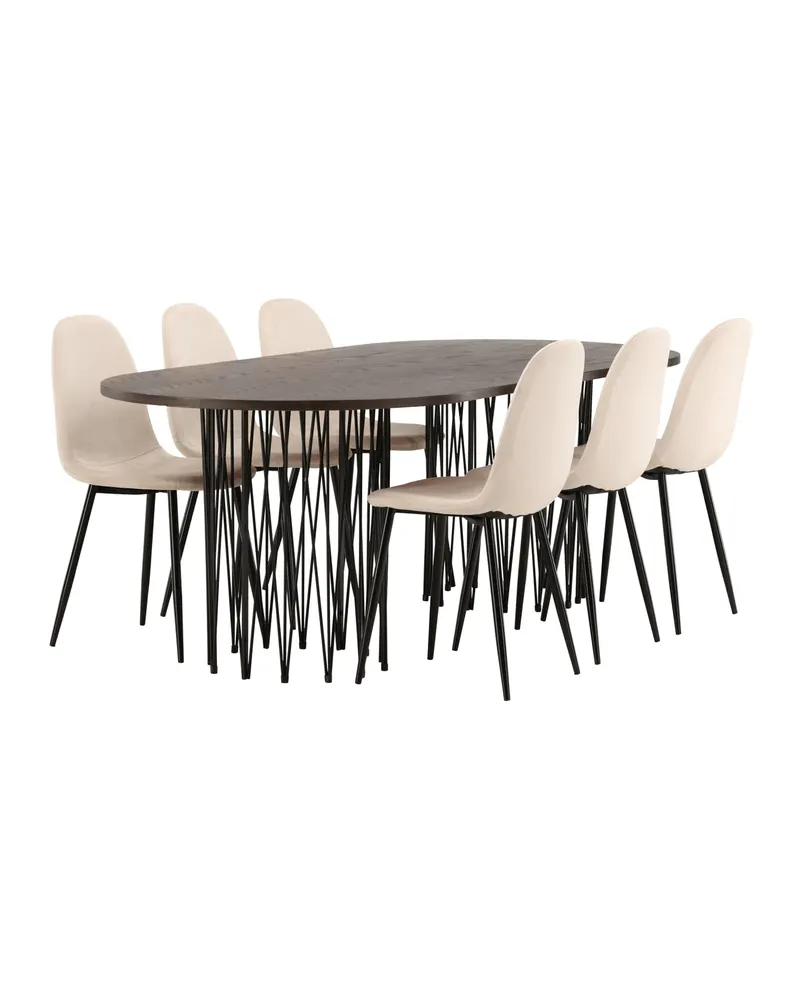 Stone & Polar Essgruppe mit ovalem Esstisch und 6 Samtstühlen in Beige, Gestell Schwarz, Ansicht 8