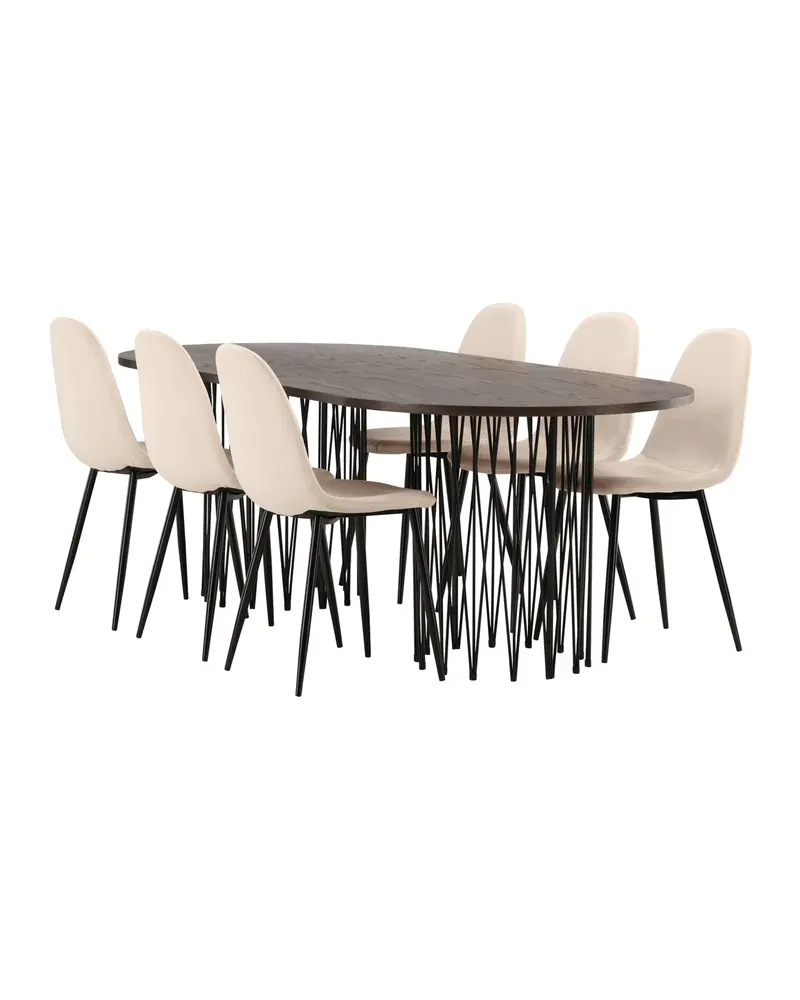 Stone & Polar Essgruppe mit ovalem Esstisch und 6 Samtstühlen in Beige, Gestell Schwarz, Ansicht 12