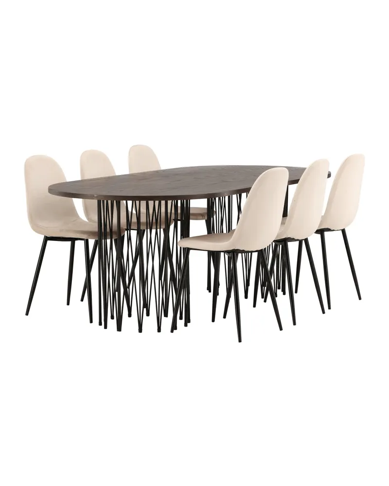 Stone & Polar Essgruppe mit ovalem Esstisch und 6 Samtstühlen in Beige, Gestell Schwarz, Ansicht 3