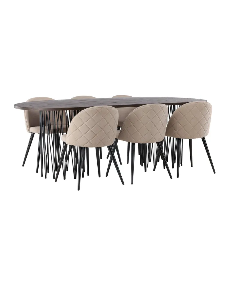 Stone & Velvet Essgruppe mit ovalem Esstisch und 6 Polsterstühlen in Beige, Gestell Schwarz, Ansicht 1