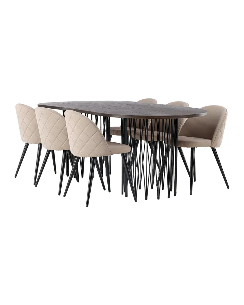 Stone & Velvet Essgruppe mit ovalem Esstisch und 6 Polsterstühlen in Beige, Gestell Schwarz, Ansicht 6