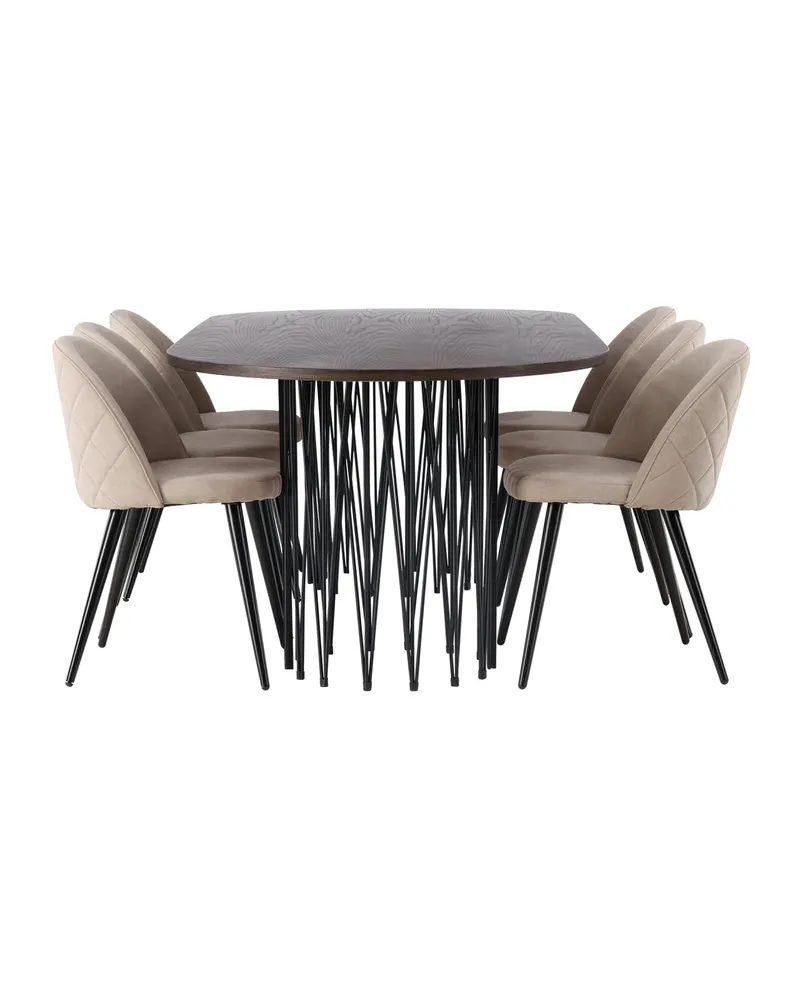 Stone & Velvet Essgruppe mit ovalem Esstisch und 6 Polsterstühlen in Beige, Gestell Schwarz, Ansicht 7