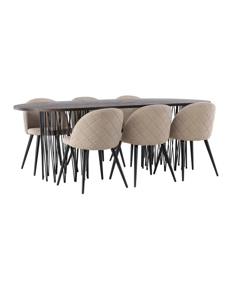 Stone & Velvet Essgruppe mit ovalem Esstisch und 6 Polsterstühlen in Beige, Gestell Schwarz, Ansicht 9