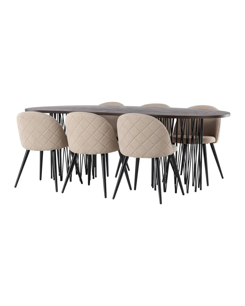 Stone & Velvet Essgruppe mit ovalem Esstisch und 6 Polsterstühlen in Beige, Gestell Schwarz, Ansicht 11