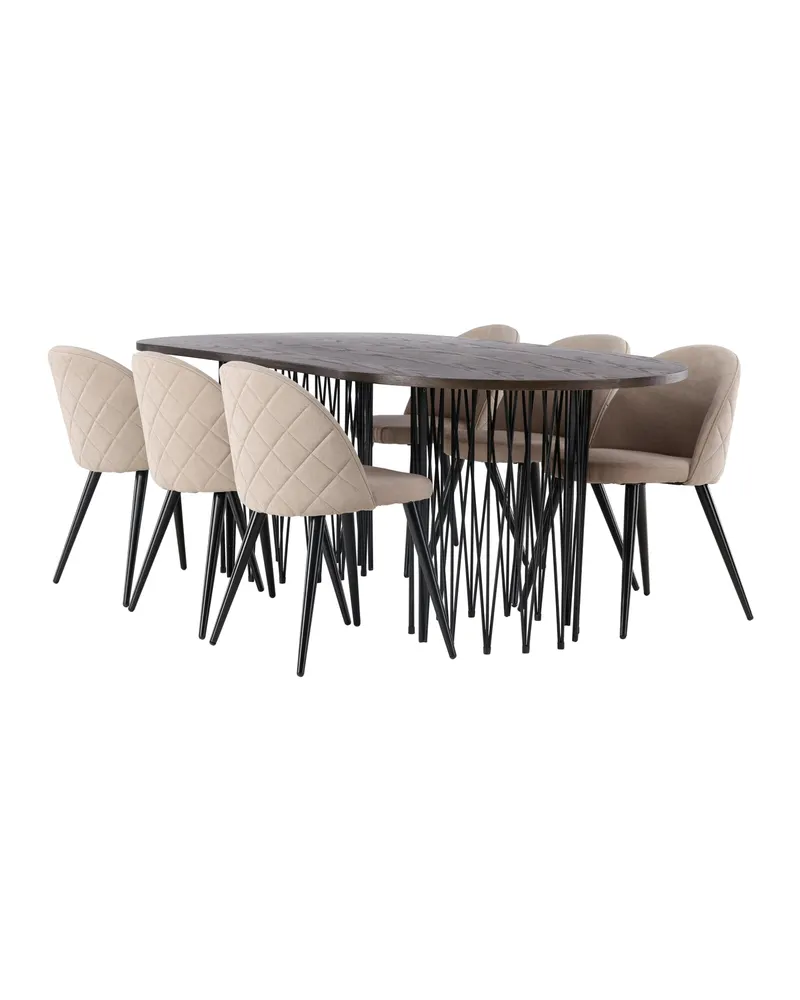 Stone & Velvet Essgruppe mit ovalem Esstisch und 6 Polsterstühlen in Beige, Gestell Schwarz, Ansicht 12
