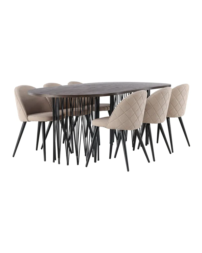 Stone & Velvet Essgruppe mit ovalem Esstisch und 6 Polsterstühlen in Beige, Gestell Schwarz, Ansicht 2