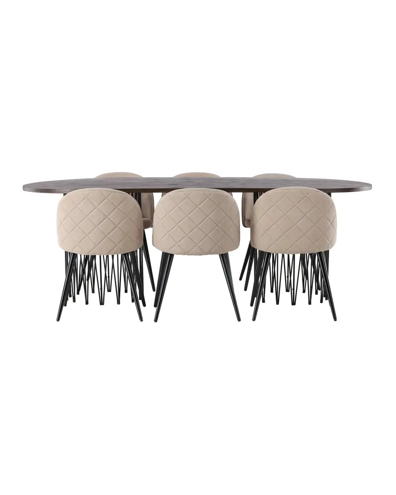 Stone & Velvet Essgruppe mit ovalem Esstisch und 6 Polsterstühlen in Beige, Gestell Schwarz, Ansicht 3