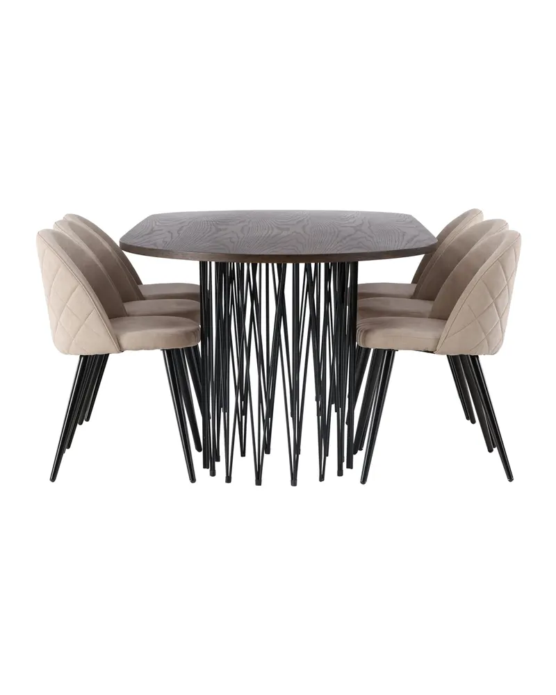 Stone & Velvet Essgruppe mit ovalem Esstisch und 6 Polsterstühlen in Beige, Gestell Schwarz, Ansicht 4