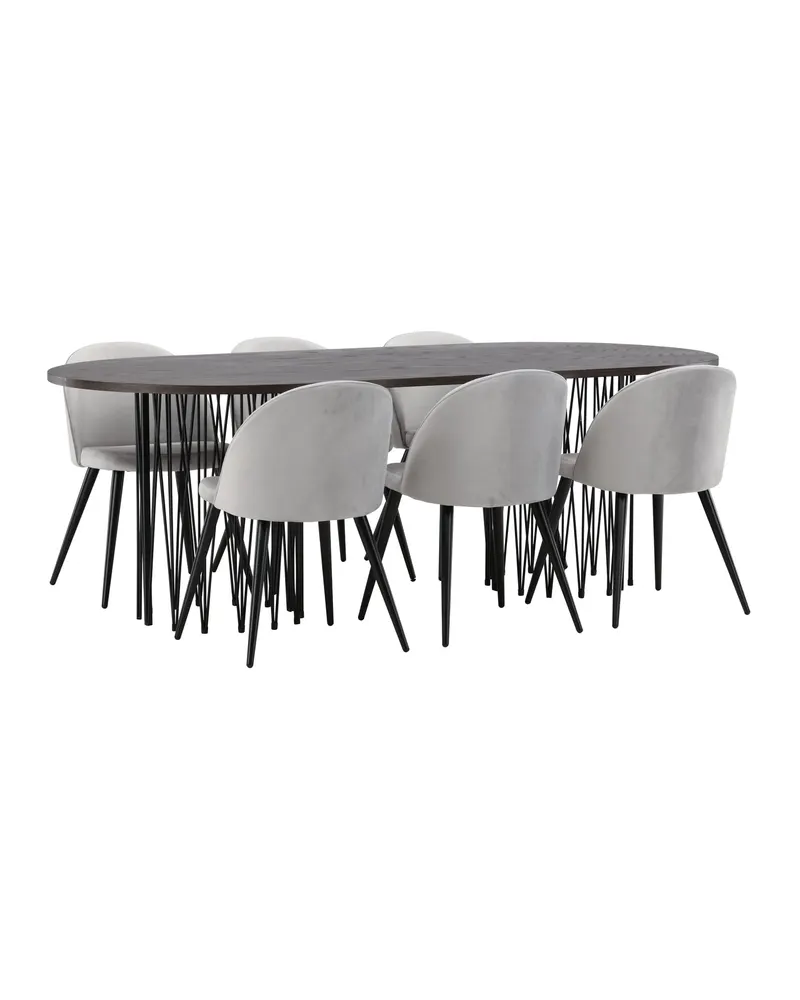 Stone & Velvet Essgruppe: ovaler Esstisch mit Stühlen, 220 cm, Schwarz, Mokka, Grau