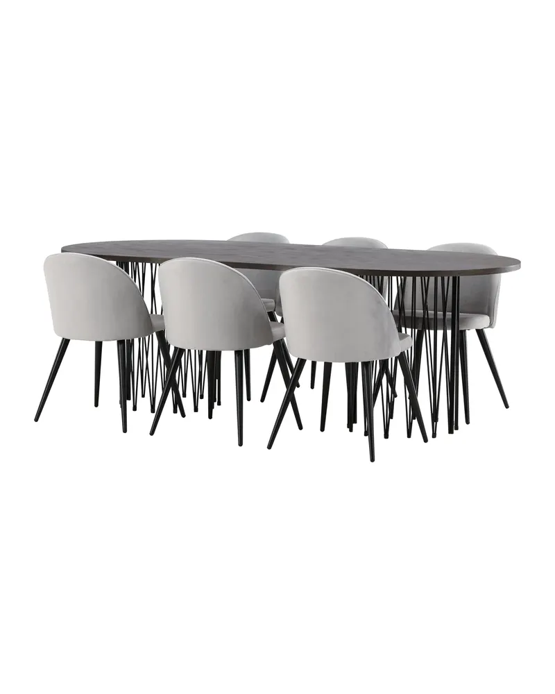 Stone & Velvet Essgruppe mit ovalem Esstisch und 6 Polsterstühlen in Grau, Gestell Schwarz, Ansicht 5