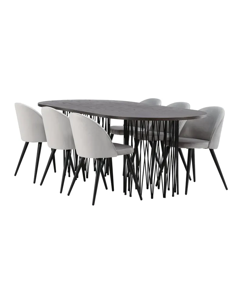 Stone & Velvet Essgruppe mit ovalem Esstisch und 6 Polsterstühlen in Grau, Gestell Schwarz, Ansicht 6