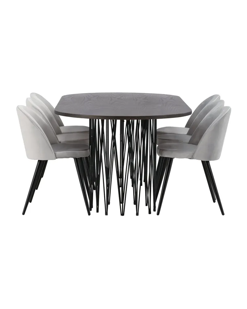Stone & Velvet Essgruppe mit ovalem Esstisch und 6 Polsterstühlen in Grau, Gestell Schwarz, Ansicht 7