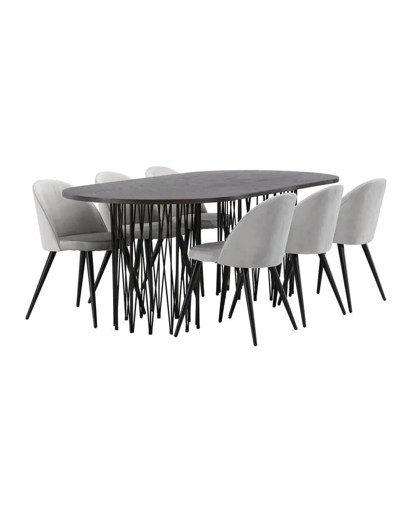 Stone & Velvet Essgruppe mit ovalem Esstisch und 6 Polsterstühlen in Grau, Gestell Schwarz, Ansicht 8