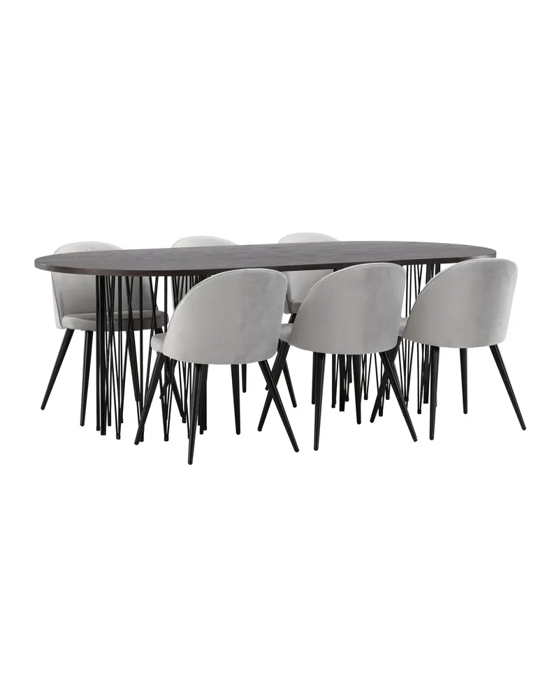 Stone & Velvet Essgruppe mit ovalem Esstisch und 6 Polsterstühlen in Grau, Gestell Schwarz, Ansicht 9