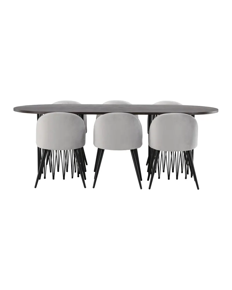 Stone & Velvet Essgruppe mit ovalem Esstisch und 6 Polsterstühlen in Grau, Gestell Schwarz, Ansicht 10