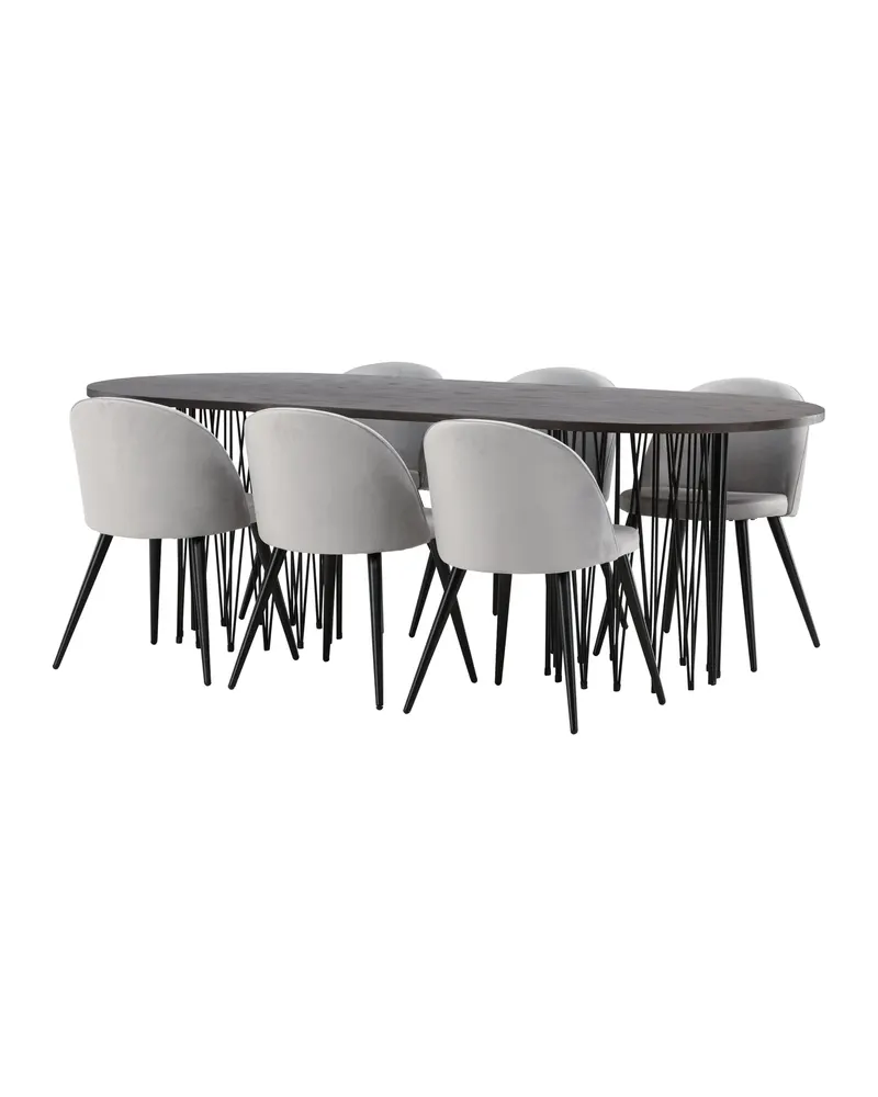 Stone & Velvet Essgruppe mit ovalem Esstisch und 6 Polsterstühlen in Grau, Gestell Schwarz, Ansicht 11