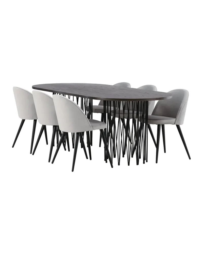Stone & Velvet Essgruppe mit ovalem Esstisch und 6 Polsterstühlen in Grau, Gestell Schwarz, Ansicht 12