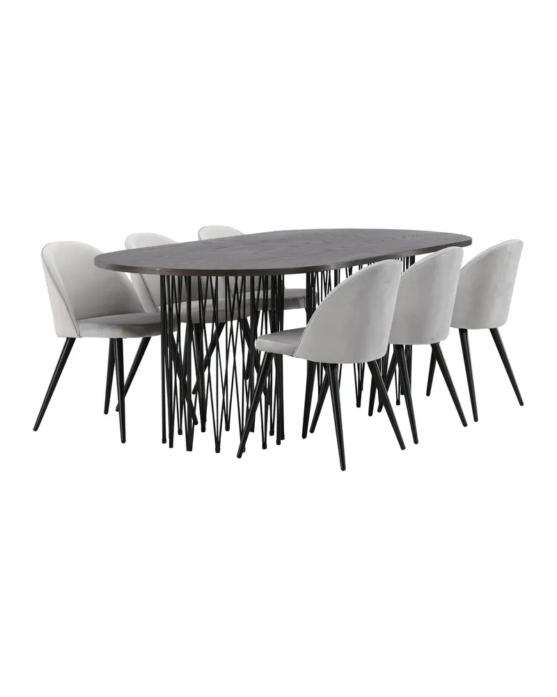 Stone & Velvet Essgruppe mit ovalem Esstisch und 6 Polsterstühlen in Grau, Gestell Schwarz, Ansicht 2