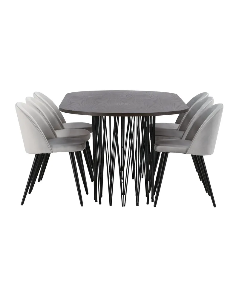 Stone & Velvet Essgruppe mit ovalem Esstisch und 6 Polsterstühlen in Grau, Gestell Schwarz, Ansicht 3
