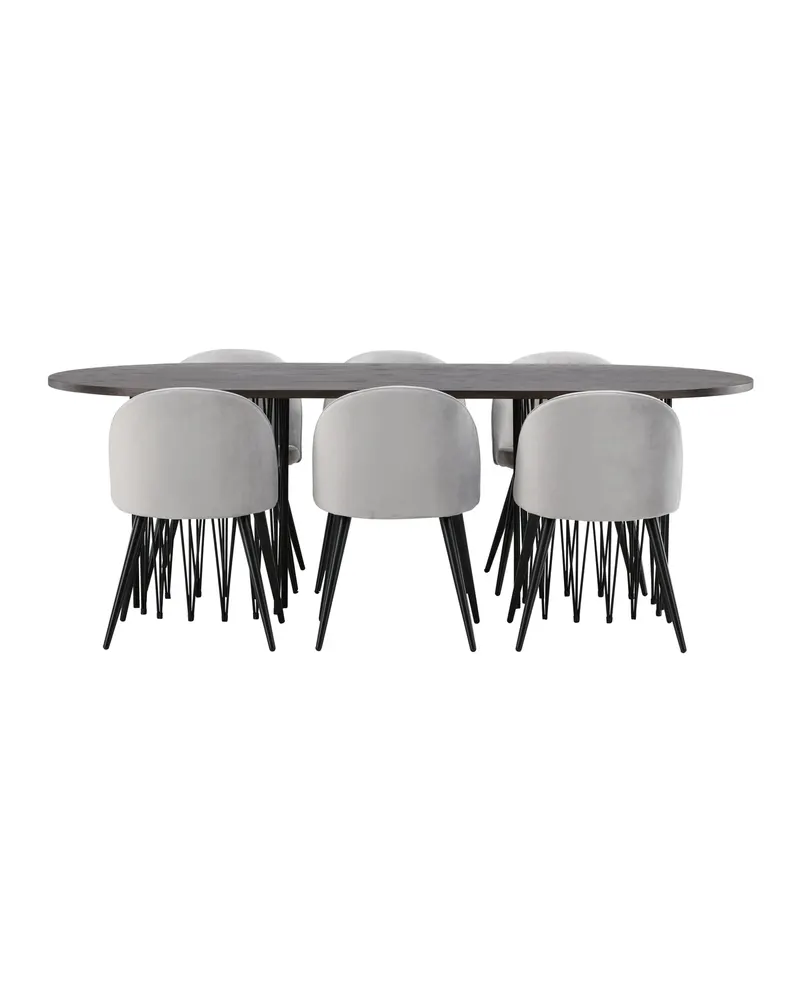 Stone & Velvet Essgruppe mit ovalem Esstisch und 6 Polsterstühlen in Grau, Gestell Schwarz, Ansicht 4