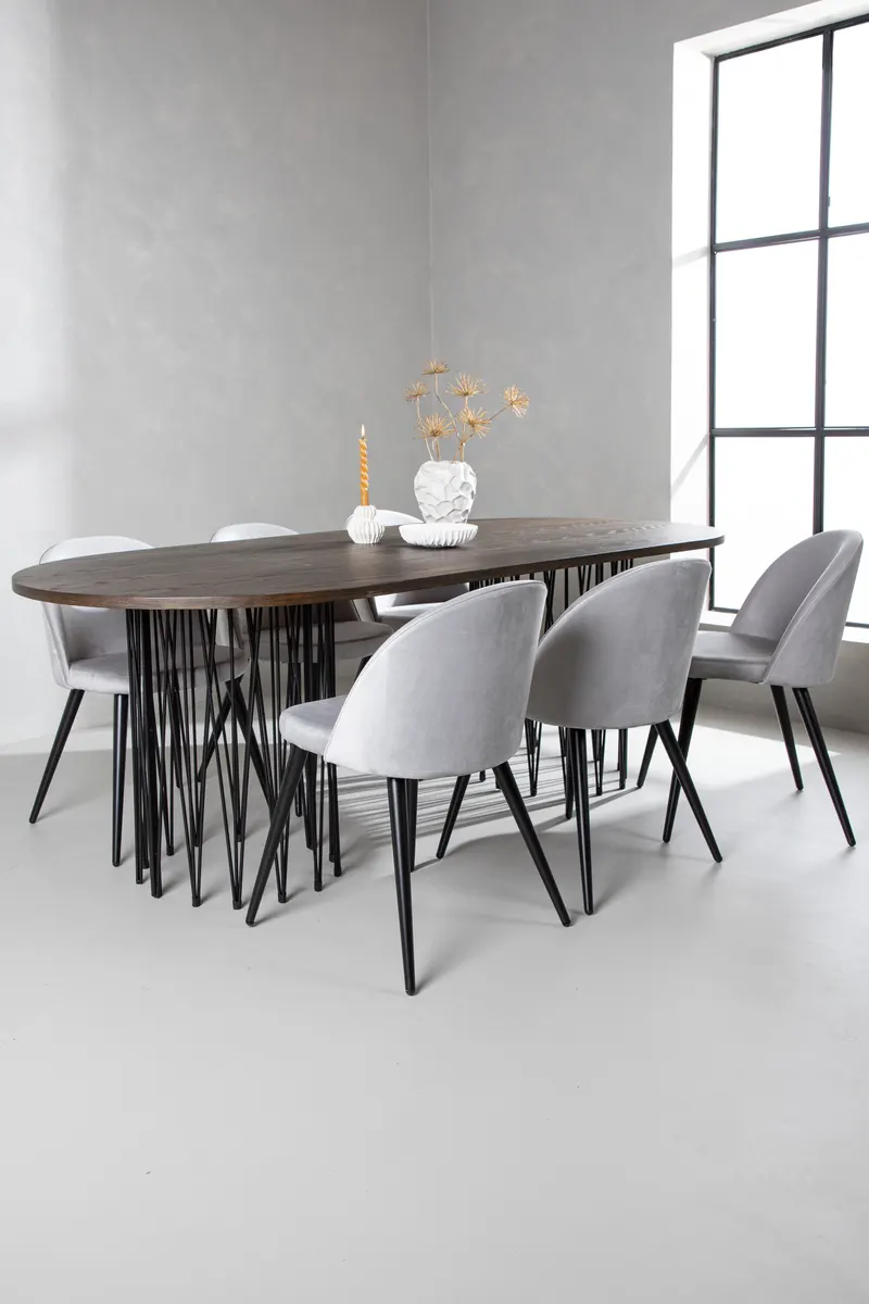 Stone & Velvet Essgruppe mit ovalem Esstisch und 6 Polsterstühlen in Grau, Gestell Schwarz, im Wohnraum, Ansicht 3
