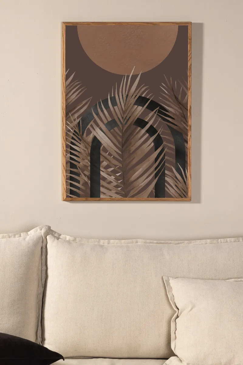 Structures Poster mit Sonne, Palmwedeln und Bogenformen in 40 × 30 cm, im Wohnraum, Ansicht 1