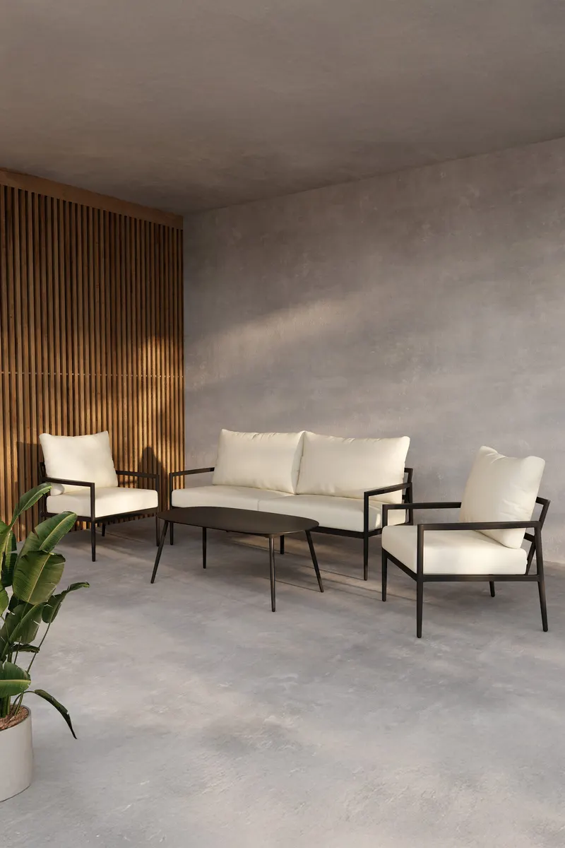 Taromina Gartenlounge mit Sofa, zwei Sesseln und Tisch, im Wohnraum, Ansicht 1