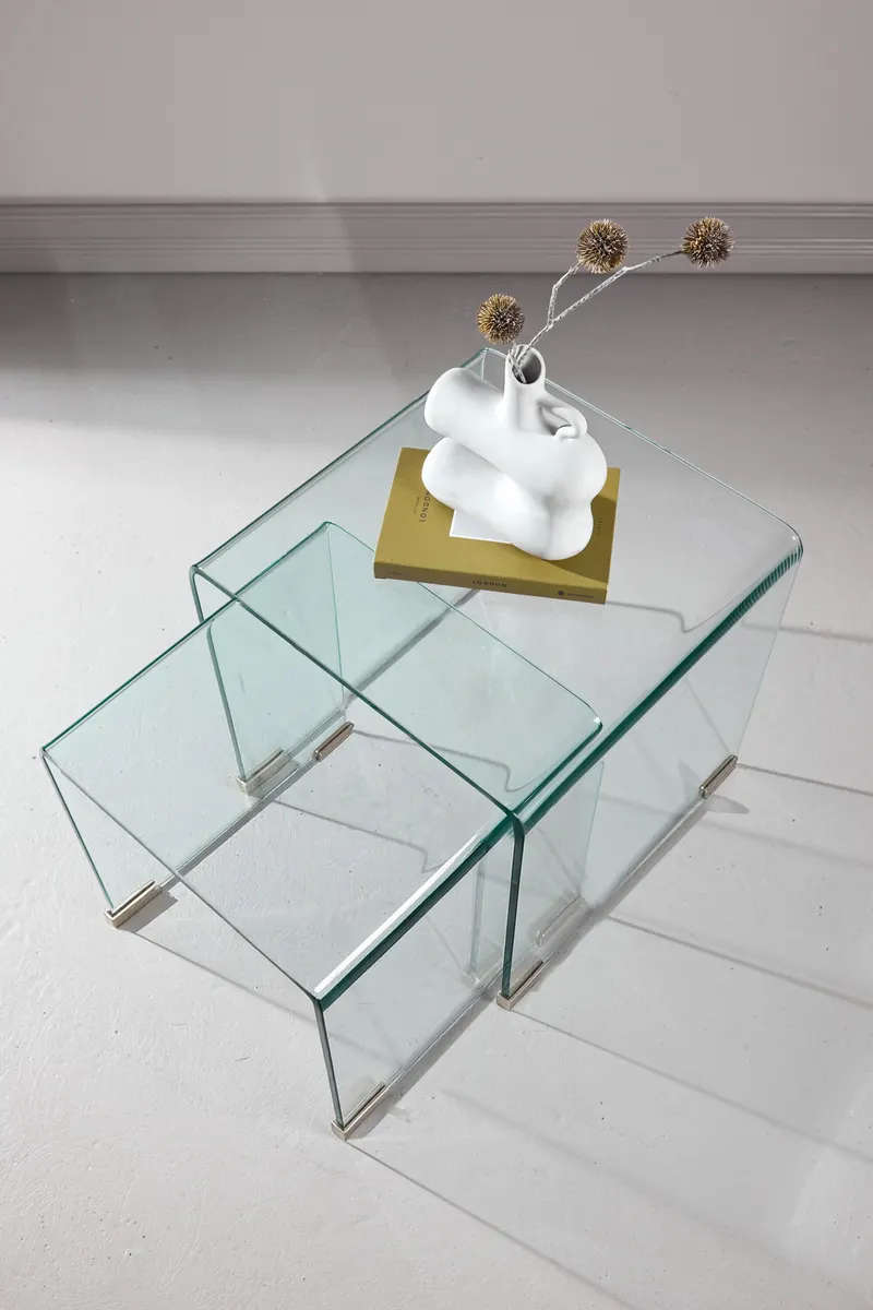 Telemark Satztisch-Set aus gebogenem Glas in Klar, Gestell Transparent, im Wohnraum, Ansicht 5