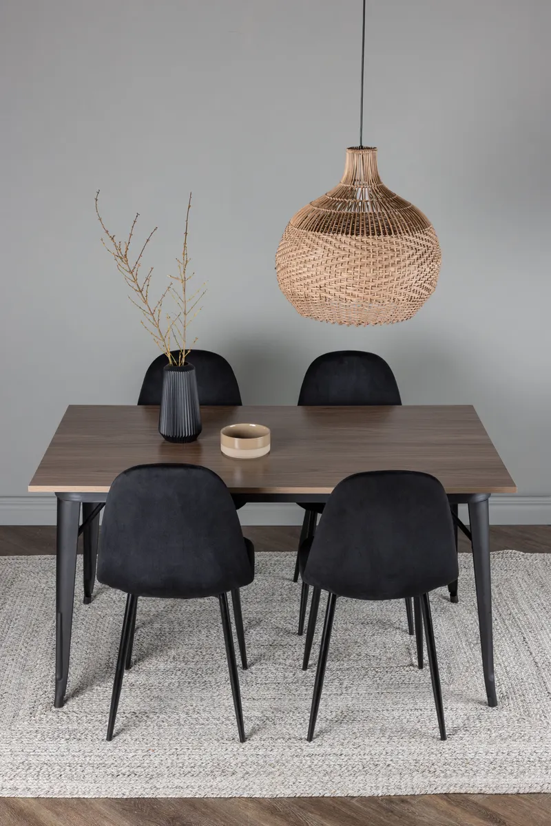 Tempe & Polar Essgruppe mit Esstisch 140 × 80 cm und 4 Samtstühlen in Schwarz, im Wohnraum, Ansicht 1