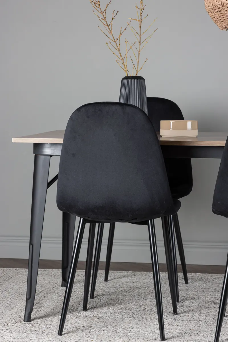 Tempe & Polar Essgruppe mit Esstisch 140 × 80 cm und 4 Samtstühlen in Schwarz, im Wohnraum, Ansicht 2