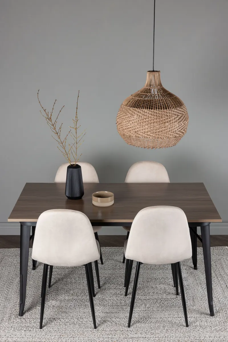 Tempe & Polar Essgruppe mit Esstisch 140 × 80 cm und 4 Samtstühlen in Beige, Gestell Schwarz, im Wohnraum, Ansicht 1