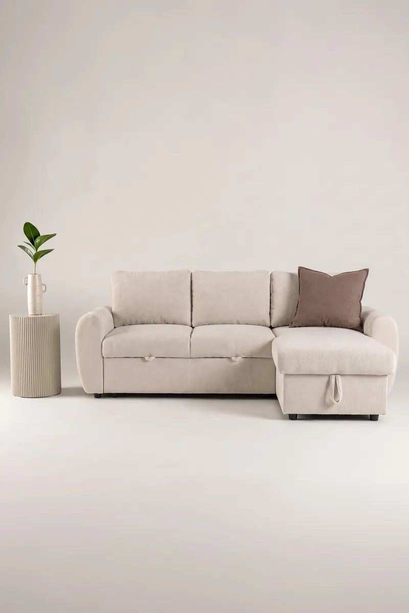 Teo Schlafsofa mit Chaiselongue in Beige, Gestell Schwarz, im Wohnraum, Ansicht 2