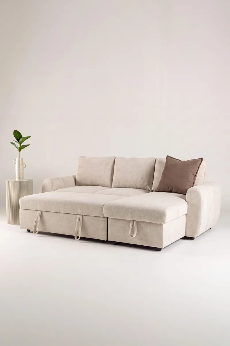 Teo Schlafsofa mit Chaiselongue in Beige, Gestell Schwarz, im Wohnraum, Ansicht 6